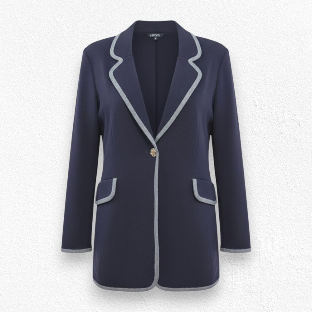 Misook Navy Blue Contrast Trim Gold Button Career Knit Blazer Jacket Size Small